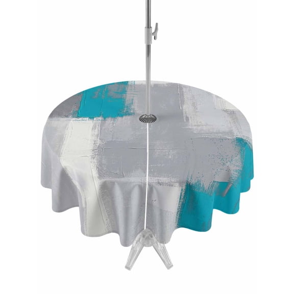 Outdoor Tablecloth with Umbrella Hole for Patio/Picnic/Party/Camping, Blue Abstract Waterproof Table Cloth Round Cover Washable, Grey Geometric Oil Painting Vintage Gradient (Dia 54")