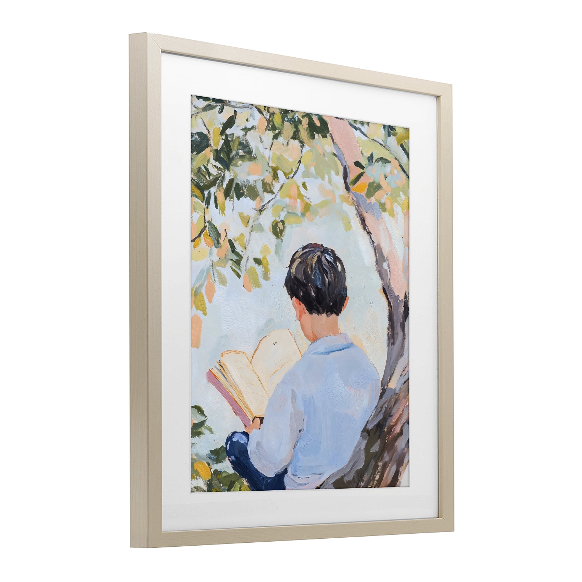 Stupell Industries Boy Reading in Nature Birch Framed Print Under Glass, design by The Prints Vibe