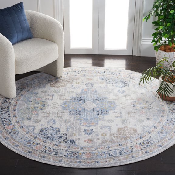 SAFAVIEH Bayside Zoja Oriental Polyester Machine Washable Area Rug, Gray/Blue, 6'7" x 6'7" Round