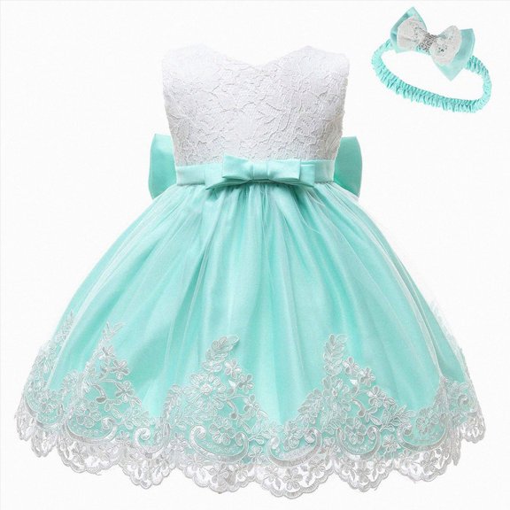 Splozh Baby Girl Birthday Dress 3 6 12 18 24 Months Baby Girls Lace Bowknot Princess Wedding Formal Tutu Dress Headband Set,Green,6-12 Months