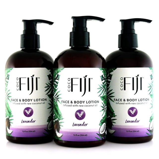 Loción facial y corporal Coco Fiji con aceite de coco | Loción para Piel Seca | Crema facial hidratante y loción de masaje para mujeres y hombres | Lavanda 12 oz Paquete de 3