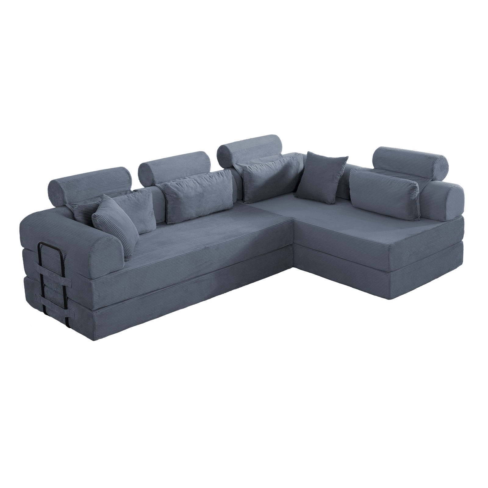 L-Shaped Sectional Sofa Converts to Bed, Corduroy Chaise Lounge with 28D High-Density Foam, No Assembly Compressed Couch for Apartments and Studios, Dark Gray
