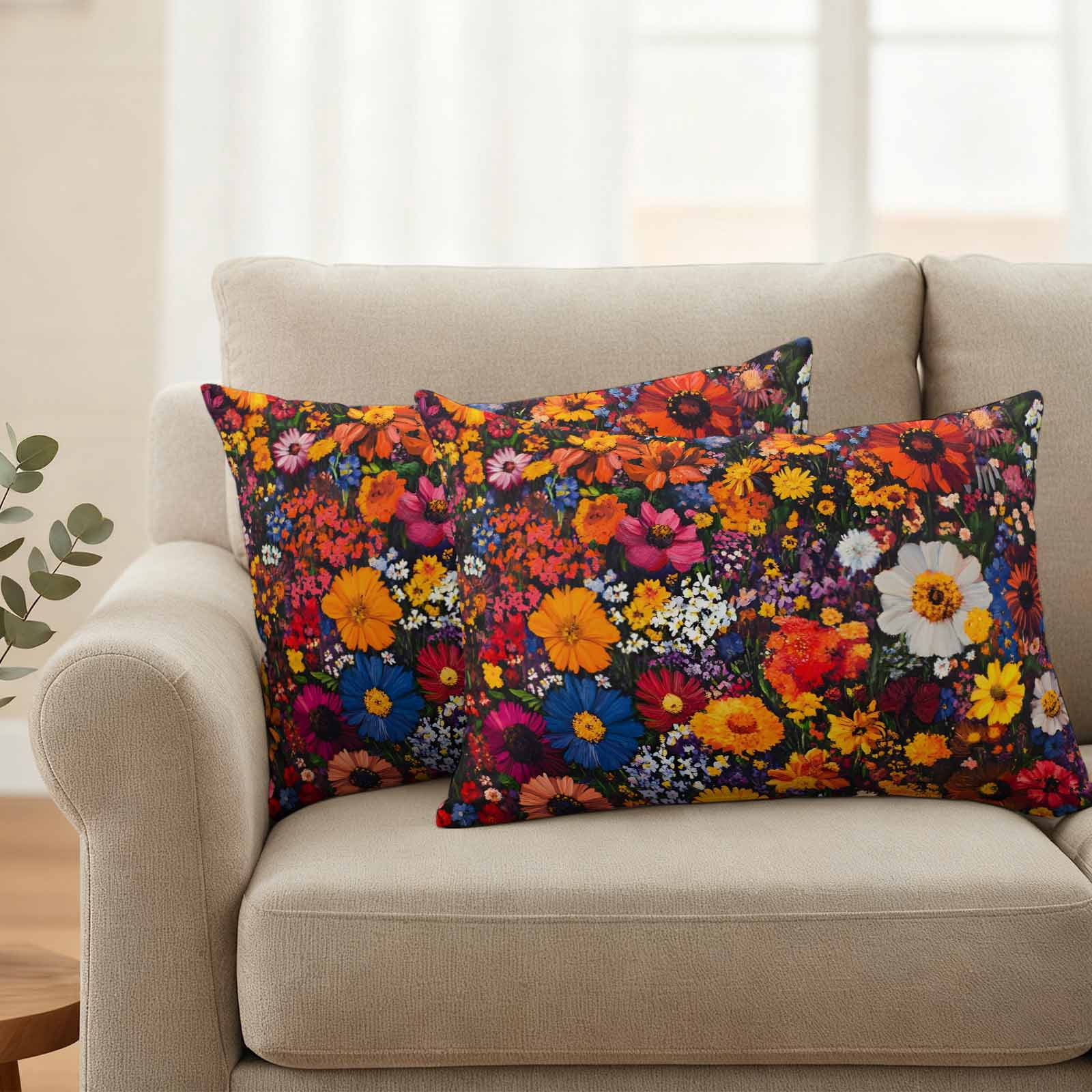 Red Orange Floral Pillow Covers 2 Pack Spring Flower Green Leaf Plant Farm Watercolor Pillowcase Waterproof Outdoor Throw Pillow Cover for Patio Balcony Rectangular Cushion 20”x12”