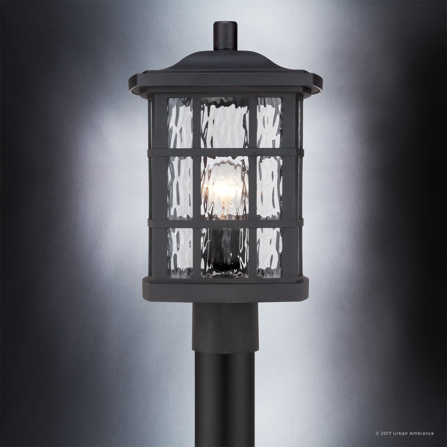 Urban Ambiance Luxury Craftsman Outdoor Post Light, Medium Size: 16.5"H x 9.5"W, with Tudor Style Elements, Highly-Detailed Design, High-End Black Silk Finish and Water Glass, UQL1246