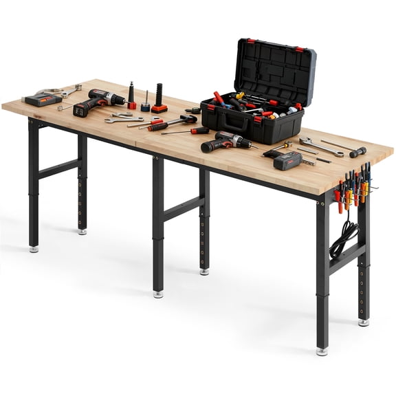 VEVOR Adjustable Workbench, 5000 lbs Capacity, 96 x 24 Inch Oak Wood Top Workstation with 4 AC Outlets & 2 USB Ports, Heavy-Duty Hardwood Worktable for Garage, Workshop, Home, Office, Commercial