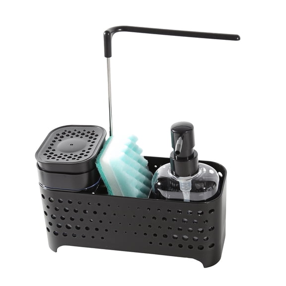 Trio Essentials Kitchen Hand and Dish Soap Dispenser Set with Dual Pump Bottles, 4-in-1 Organizer with Sponge Caddy, Brush Holder, Towel Bar & Drain Rack