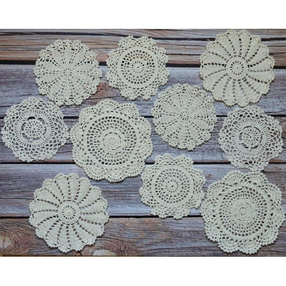 10 Hand Crochet Round Lace Doilies Lot French Country Table Coasters