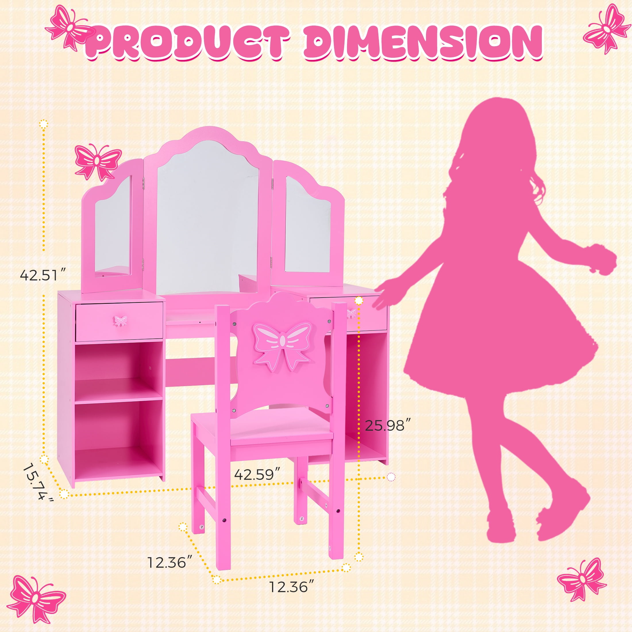 iYofe Girls Vanity Set with Mirror and Stool, Kids Vanity Table and Chair Set, Convertible Writing Desk for Girls Ages 3-9, Pink