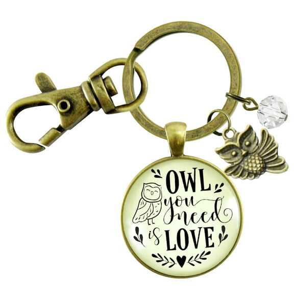 Owl Gutsy Goodness Bronze Keychain Owl You Need Is Love Friendship Quote Symbolic Jewelry Inspired Pendant