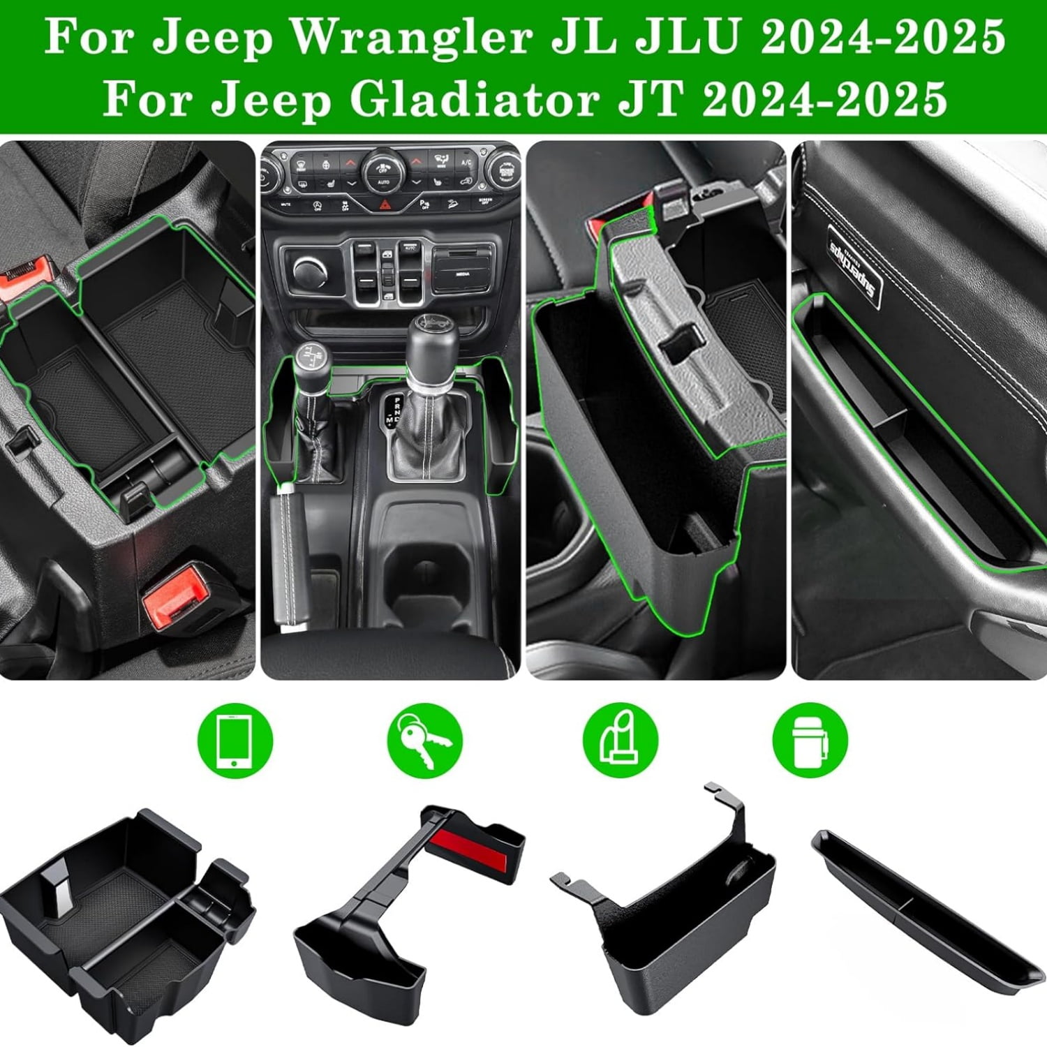 4PCS Center Console Organizer for 2024 2025 Jeep Wrangler JL JLU 4XE and Gladiator JT Accessories Gear Shift Side Tray Organizer,Hanging Armrest Storage Box