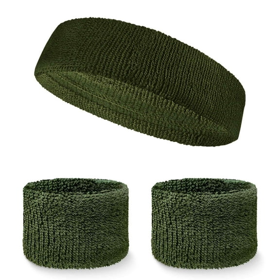 COUVER Athletic Sports Sweatbands Set (Headband & 2pcs Wristbands), Army Green, One Size, 1 Set