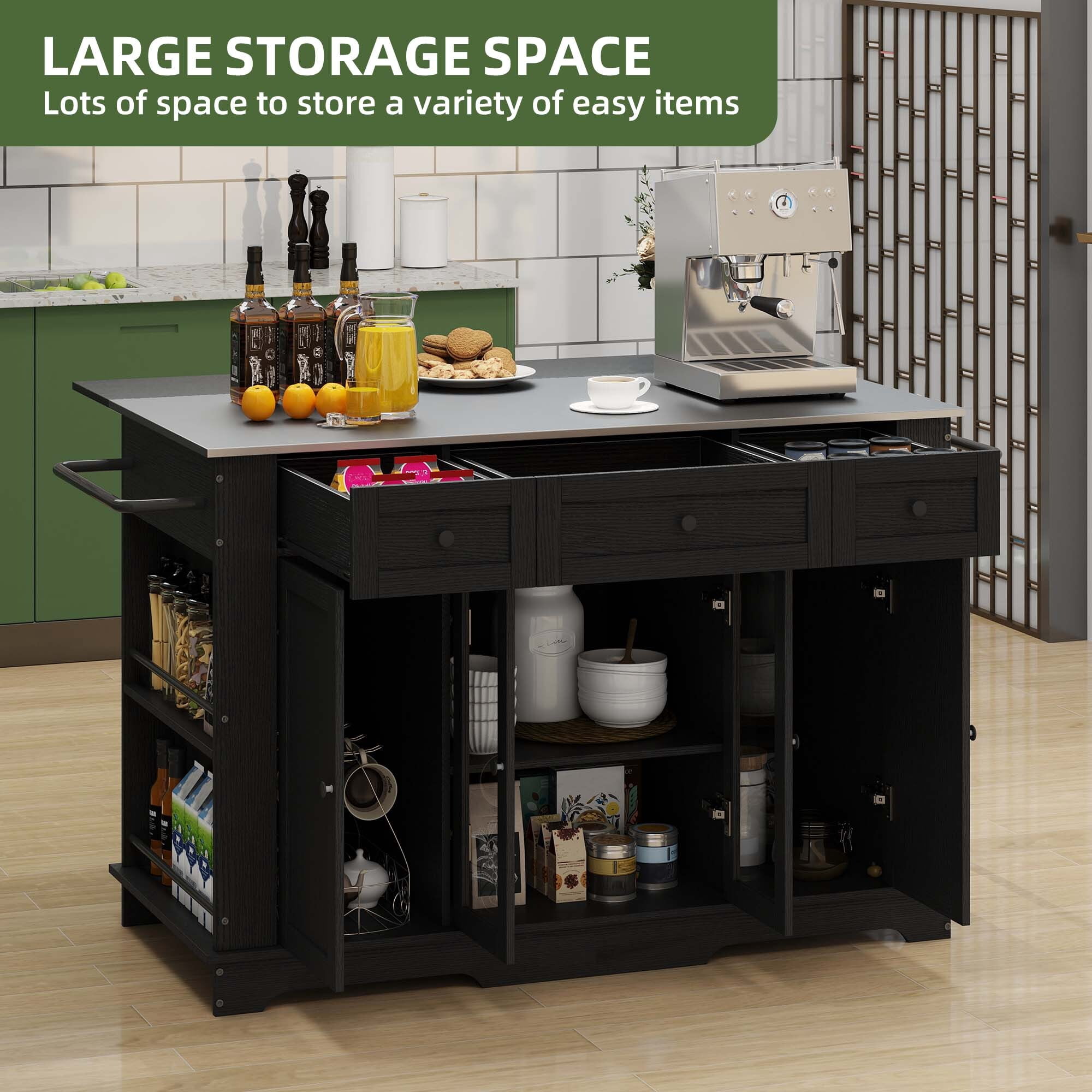 Uforic Kitchen Island with Storage & Drop Leaf, Kitchen Island Cart with Power Outlets, Black