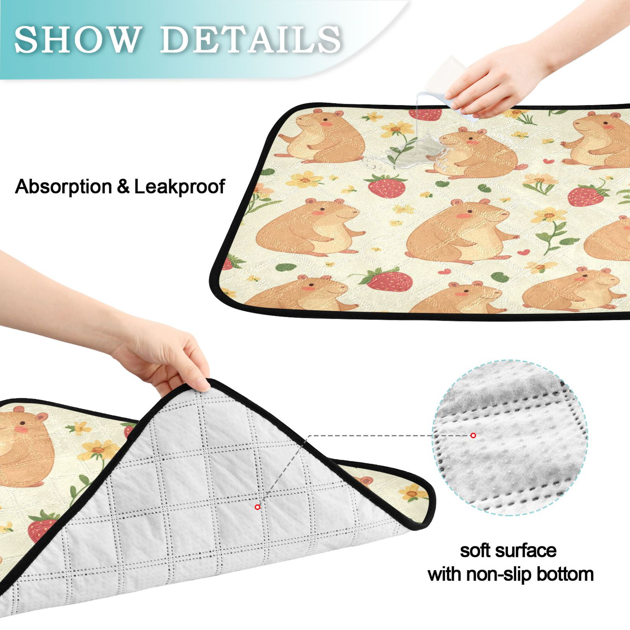 Washable Pet Pee Pads with Super Absorbent Reusable Training Pads for Dogs & Cats Capybaras and Strawberries