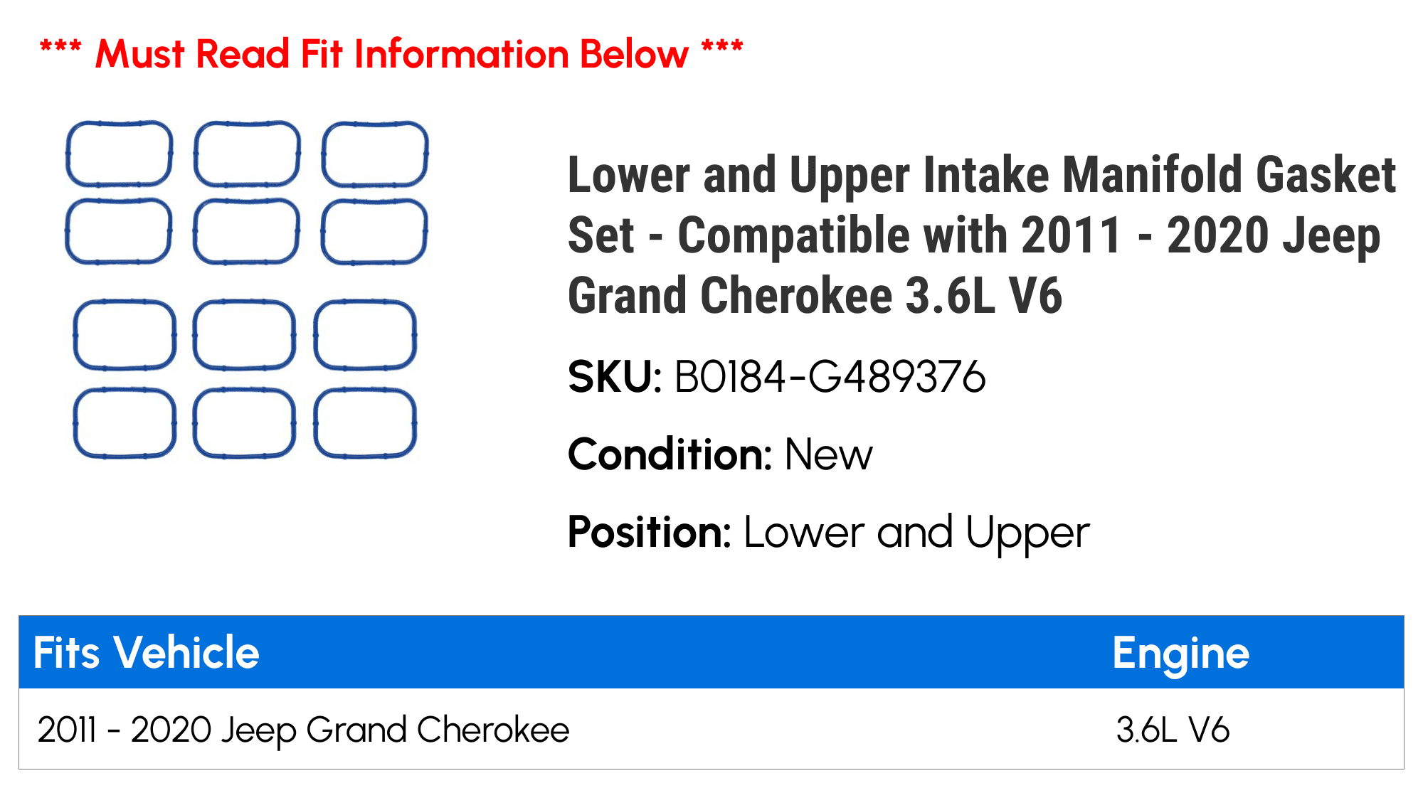 Lower and Upper Intake Manifold Gasket Set - Compatible with 2011 - 2020 Jeep Grand Cherokee 3.6L V6 2012 2013 2014 2015 2016 2017 2018 2019