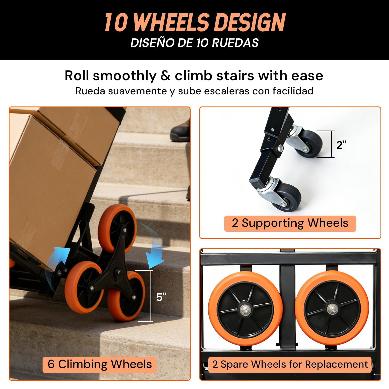 SEKAM Stair Climbing Cart, 440 lbs Capacity Folding Hand Truck with 10 Wheels, Heavy Duty Steel Dolly for Moving & Warehouse, Orange