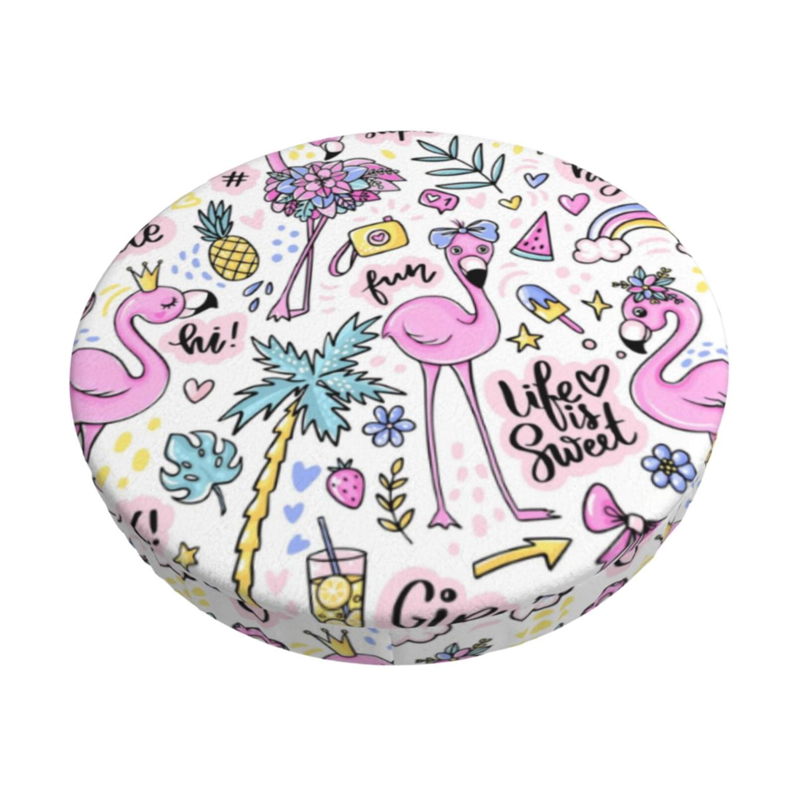 Easygdp Summer with Flamingo Print Easy To Install Bar Stool Covers&Stool Covers Round&Elastic Stool Cover, Barstool Covers,Washable&Bottom With Elastic Edge-13 inch