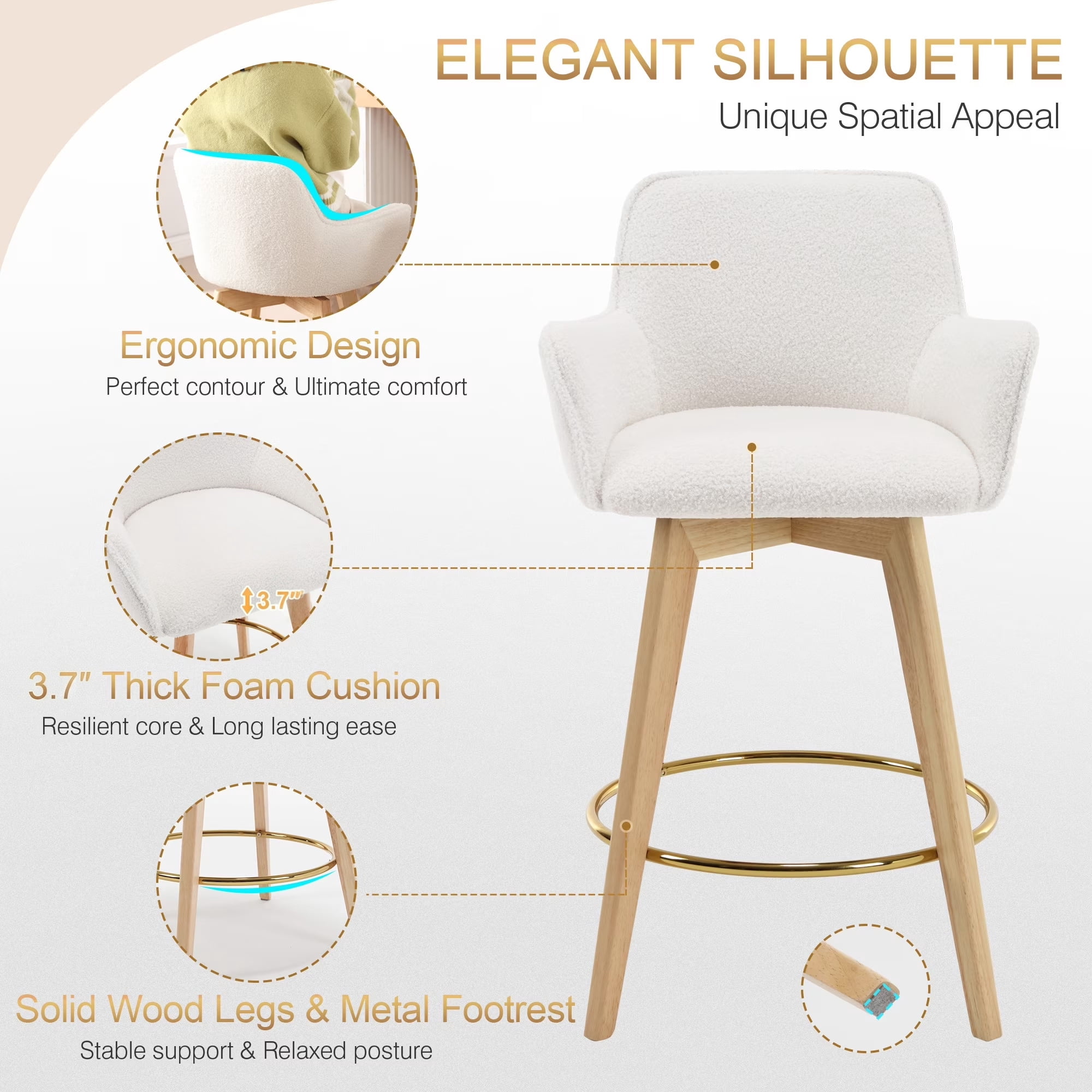 Zesthouse 26.6" Swivel Counter Height Bar Stools Set of 2, Upholstered Sherpa Barstool with Curved Back and Wood Legs, Mid Century Modern Counter Height Chairs for Pub Kitchen Island, White