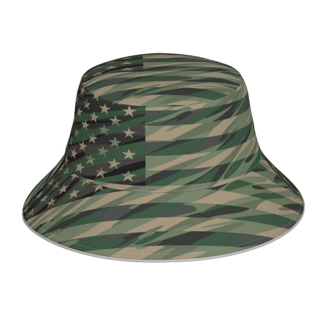 Fotbe Jungle Green Camo USA Flag Sombrero Tipo Pescador con Estampado – Sombrero de Sol de Algodón de Moda para Playa, Golf, Pesca