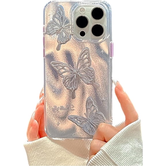 Designed for iPhone Case,Luxury Glitter Gradient Butterfly Pattern Matte Silicone Shockproof Protective Cover Phone Case (iPhone 13 Pro,White)