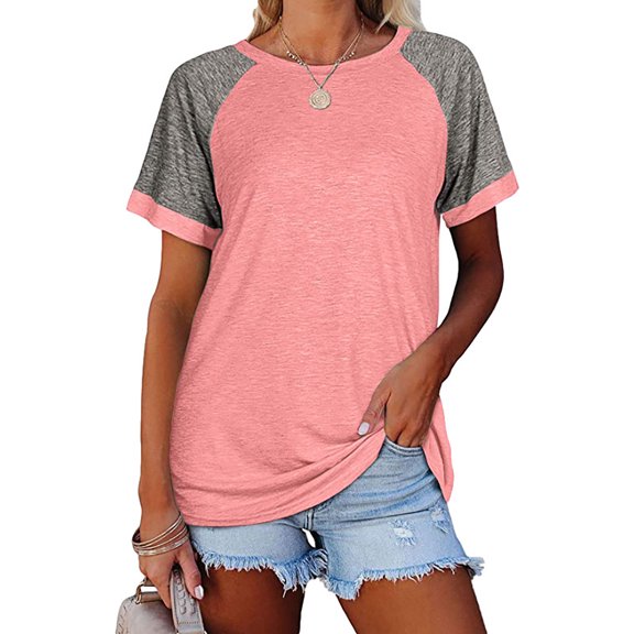 Summer Top Blouse Women Women's Summer Solid Color Loose Round Neck Raglan Short Sleeved T-shirt Pink S