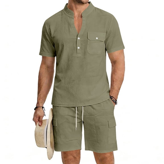 GrmtClth Mens Linen Set Lightweight Henley Clothing Classic Short Pants Outfit Workout Short Sleeve with Pocket Army Green M