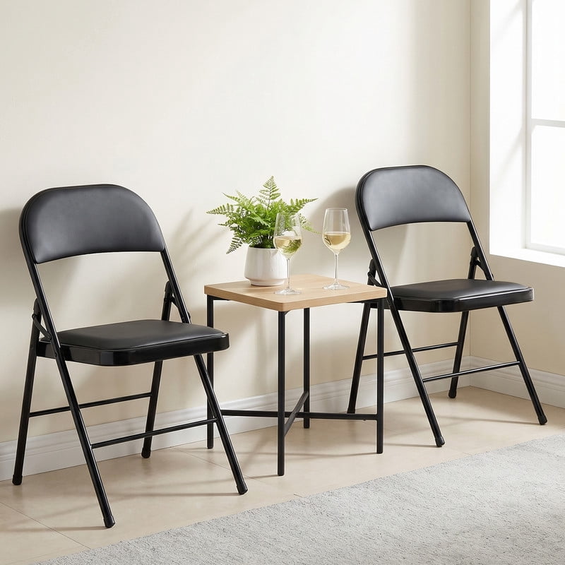 Simenmax 4PCS Folding Chair Padded, Leather Portable Stackable Chair with Steel Frame - Indoor Outdoor Use for Home, Office, Party, Wedding, Church, Black