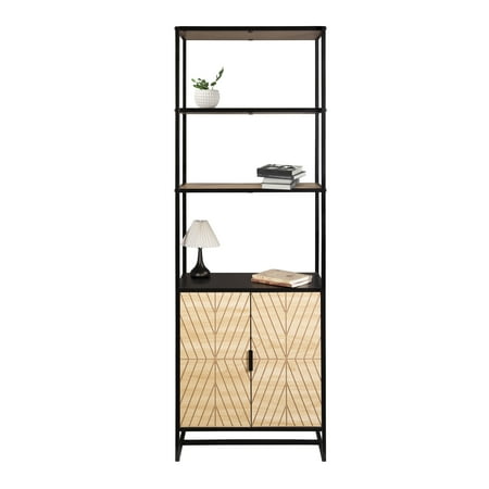 Bali Coastal Modern 6-Tier Book Shelf with Storage Black with Natural Wood