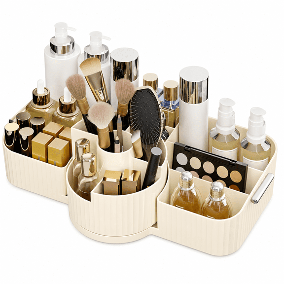 ABPETE Large Makeup Brush Holder,Rotating Makeup Organizer,Vintage Striped Cosmetic Organizer,Makeup Storage Organizer for Bathroom Countertop,Dresser,Vanity(Cream)