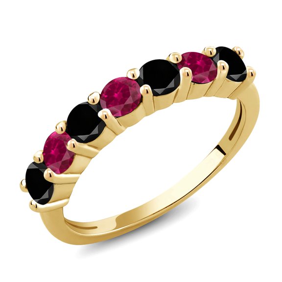 Gem Stone King 18K Yellow Gold Plated Silver Round Black Diamond Red Created Ruby Anniversary Ring for Women (1.43 Cttw, Gemstone Birthstone) (Size 7)