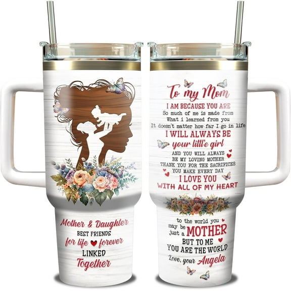 Personalized To My Mom Coffee Tumblers Mother and Daughter Tumbler 40oz with Handle and Straw Emotional Mom Ideas Gifts from Daughter Son on Birthday Christmas Mothers Day