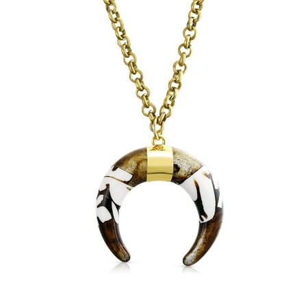 - Long Statement Boho Tribal White Brown White Crescent Half Moon Pendant Necklace For Women Bronze Gold Tone Metal