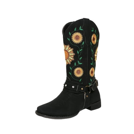 

UKAP Women Riding Casual Chunky Cowgirl Boot Ladies Outdoor Non-slip Embroidered Floral Mid Calf Boots Black 6.5