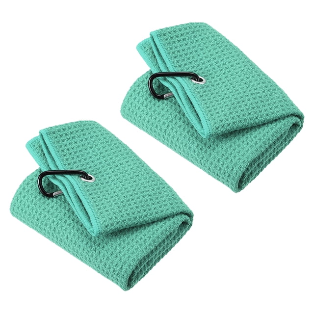 Unique Bargains 12'x12' Golf Towels Tri Fold Waffle Pattern Towels Soft Fiber with D Clip Green 2 Pack