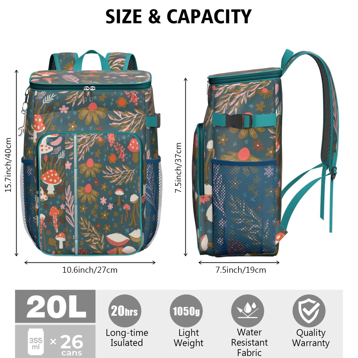 Backpack Cooler,Insulated Backpack Insulated Leak Proof Travel Cooler Bag Waterproof Lunch Picnic Beach Work Trip Thermal Bag Drink Beverage Beer Bag Cooler Mushroom