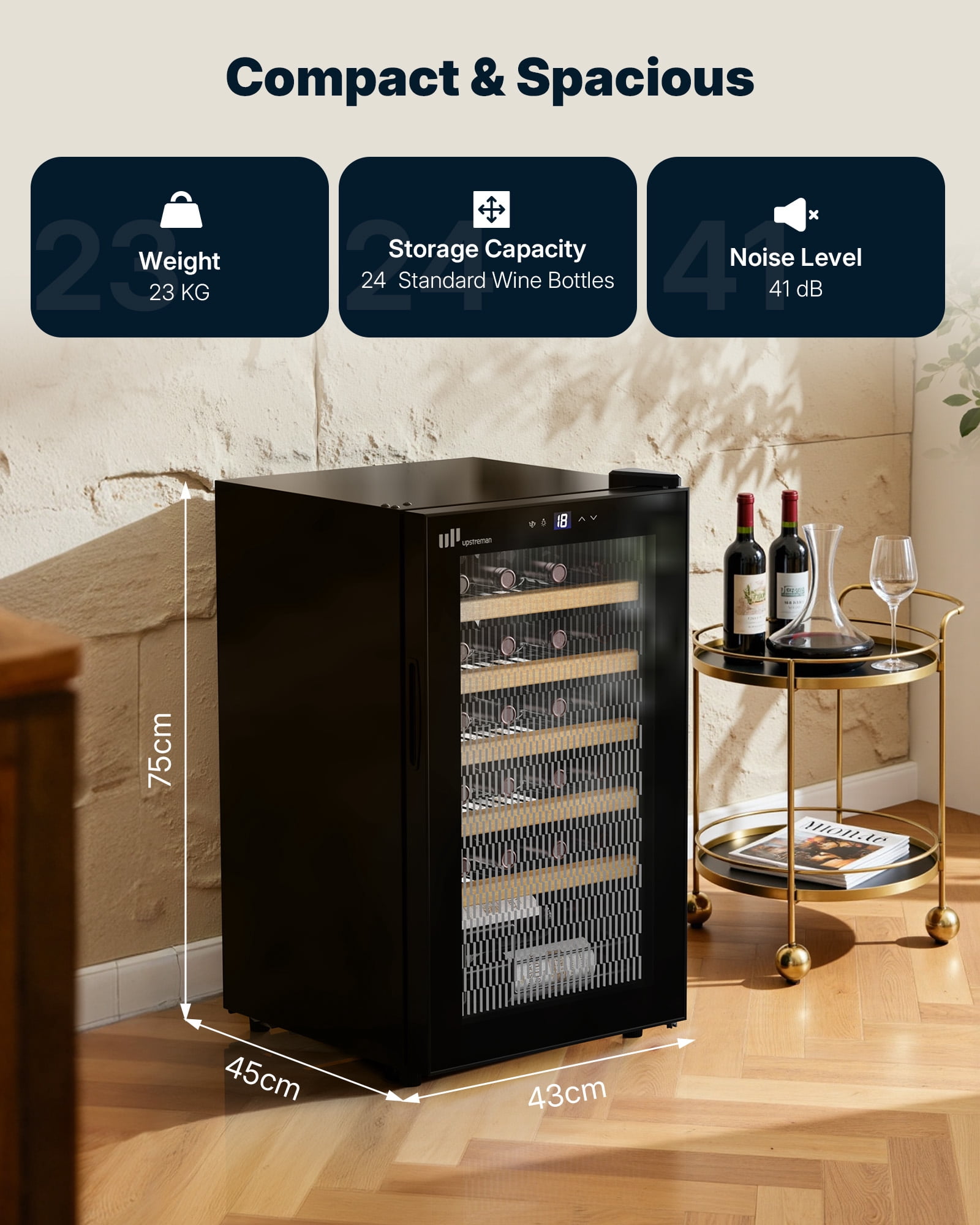 Upstreman 24 Bottle Wine Cooler Refrigerator, Freestanding Wine Chiller Compressor Wine Refrigerator with Glass Door, Touch Control & LED Light, 41-68°F Temperature Control, Black W24
