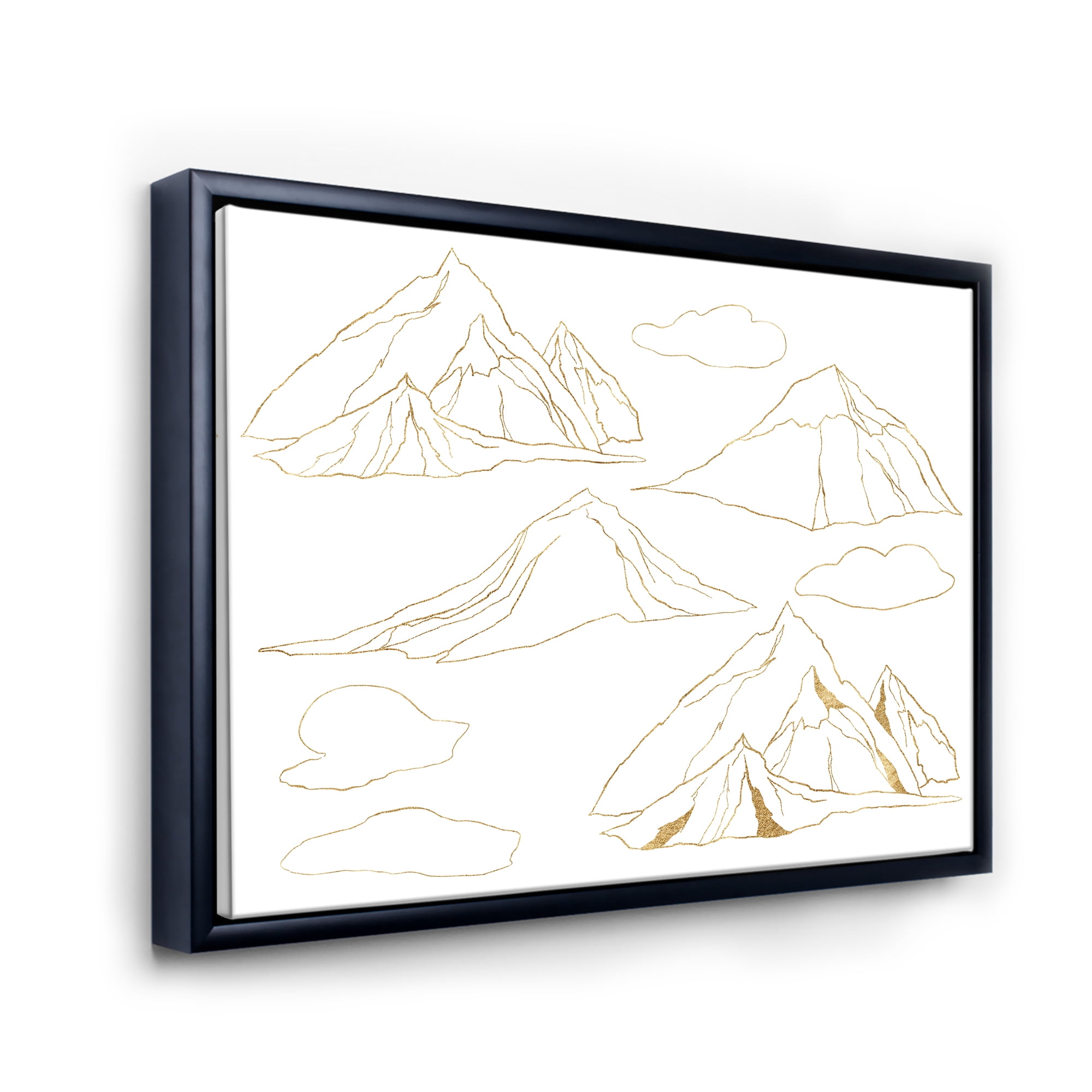 Minimalistic Gold Linear Set Of Clouds and Mountains 40 in x 30 in Framed Painting Canvas Art Print, by Designart