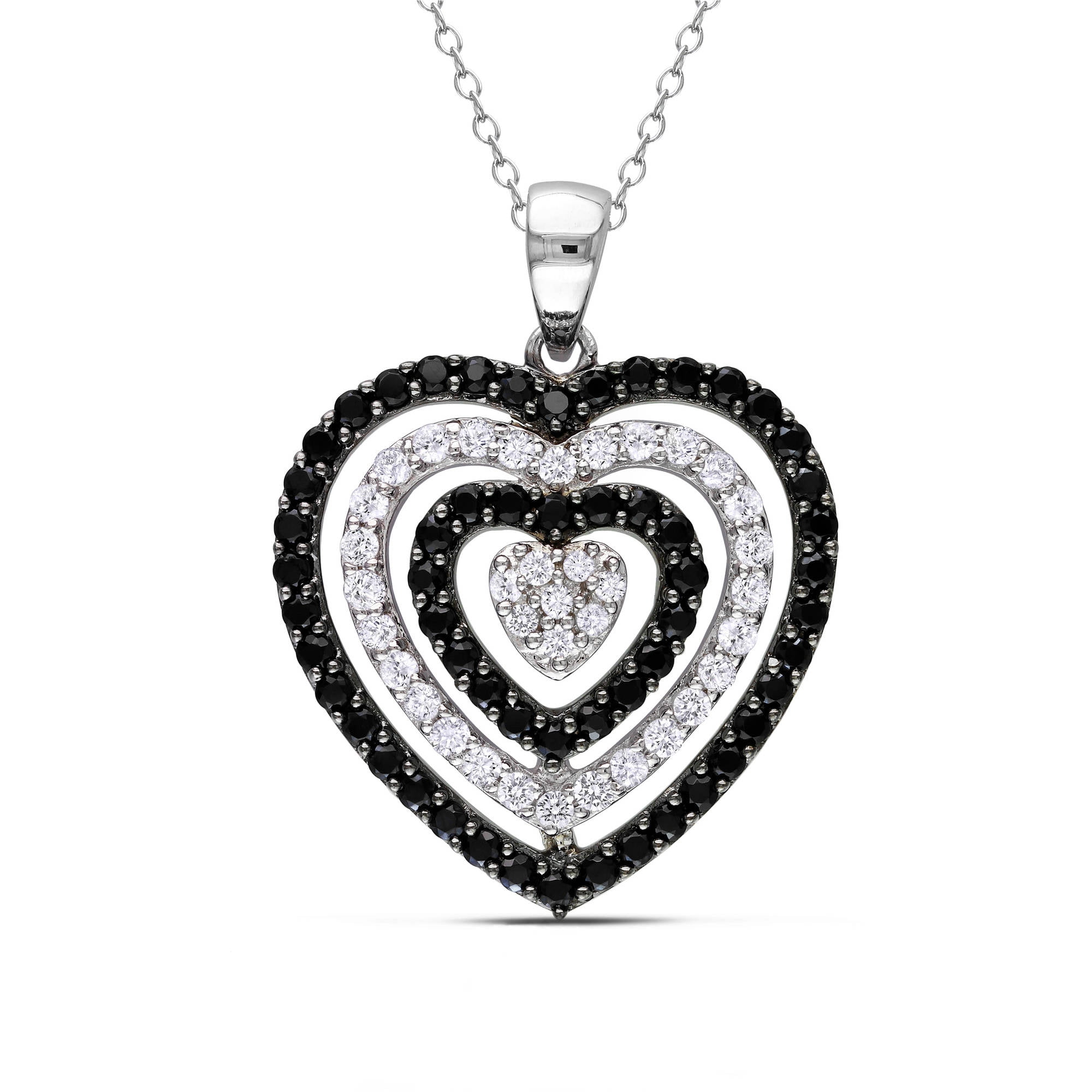 2-1 4 Carat T.G.W. Black Spinel and White Topaz with Diamond Accent Sterling Silver Double Heart Pendant, 18" by Generic