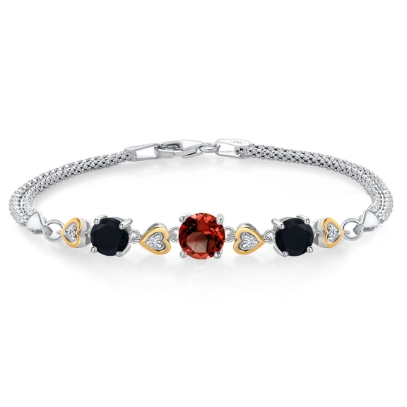 Gem Stone King 3.18 Cttw Red Garnet Black Onyx and White Lab Grown Diamond Bracelet for Women | 925 Sterling Silver and 10k Yellow Gold | Round 7MM and 6MM | 6.5-7-7.5 inch | Made in Italy