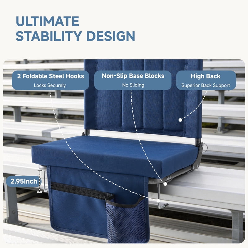 Gianna Stadium Seats Set Of 2 with Back Support, Thick Padded Folding Chair with Cup Holder and Storage Pocket for Sports Events, Navy Blue