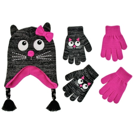 ABG Accessories Critter Design Hat and 2 Pair Gloves Cold Weather Set, Little Girls, Age 4-7