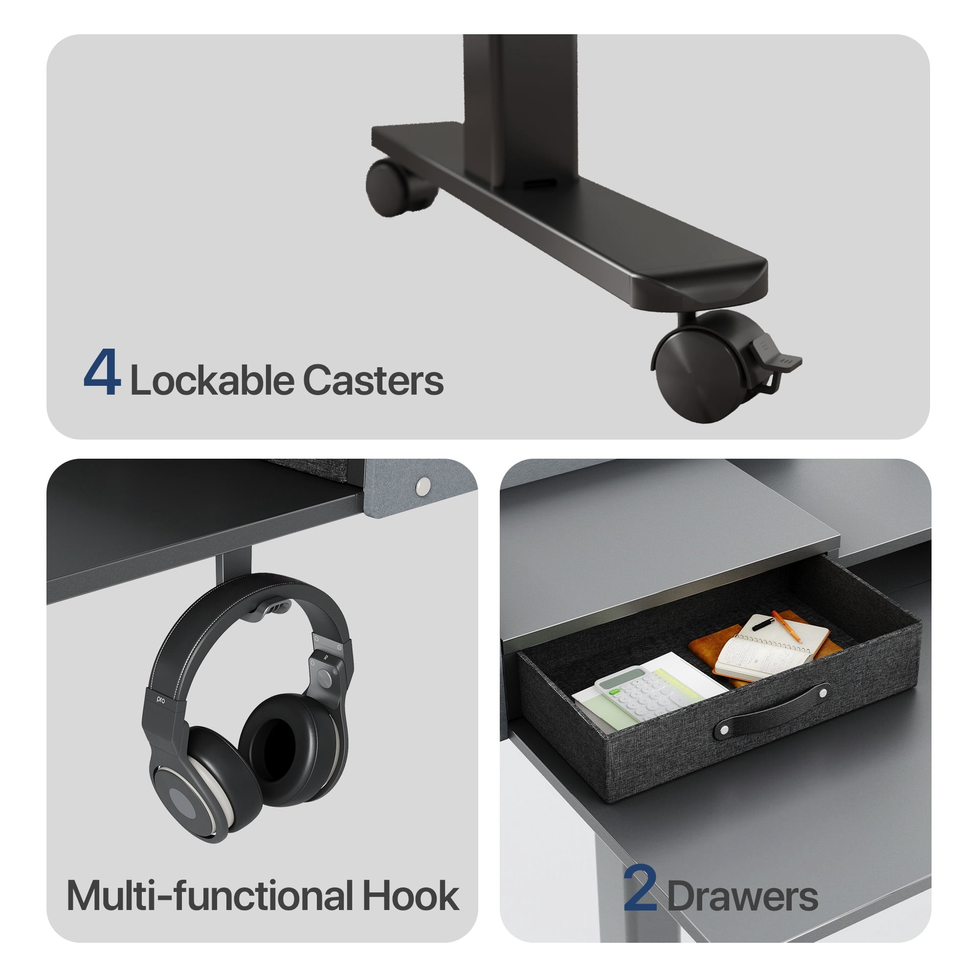 INNOVAR 55" Adjustable Standing Desk with 2 Storage Drawers, Height Adjust Mobile Stand up and Down Desk,Electric Sit-Stand Large Work Desk with 4 Wheels Rising Computer Table for Office Home,Black