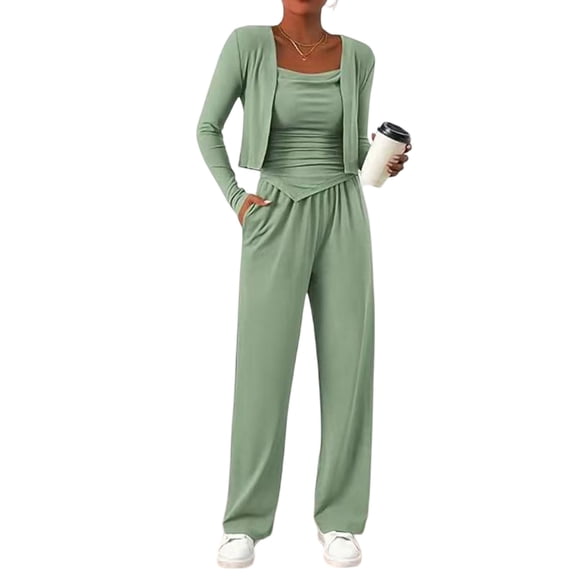 WTOBBY Women's Fashion Solid Color Cardigan Vest and Wide Leg Pants 3 Piece Outfit Set, Casual Chic Layered Lounge Wear for Women Daily Use,Mint Green L