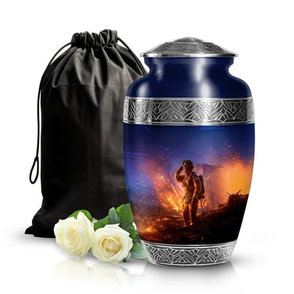 SABURIAL Firefighter Urn - Handcrafted Urn For Human Ash - Large Funeral Urns For Men & Women Ashes - Unique Memorial Urns For Adult Ash - 10 Inch Large With Velvet Bag