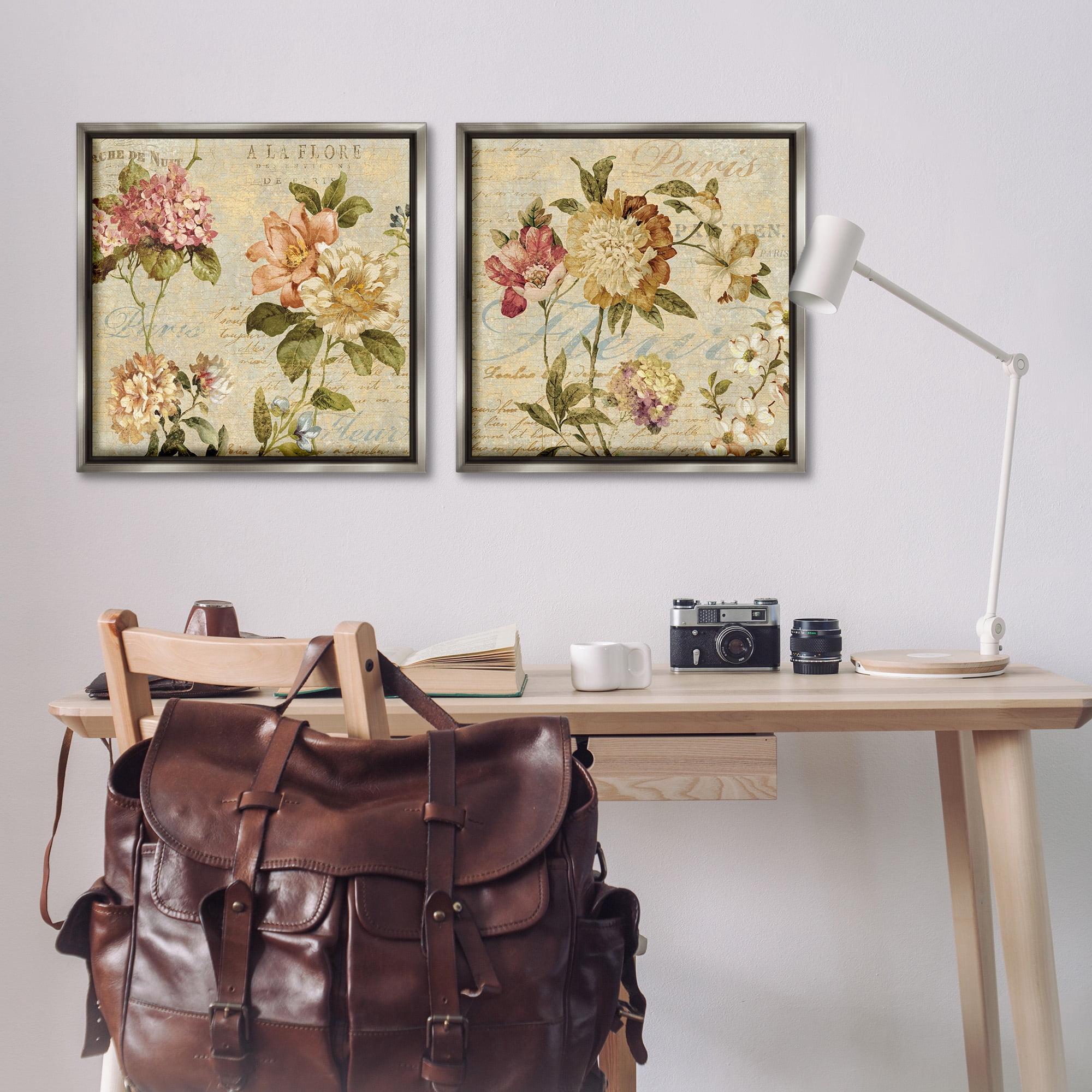 Stupell Industries Vintage French Floral with Script Botanical & Floral Painting Gray Floater Framed Canvas Art Print Wall Art, 25 x 25, Set of 2