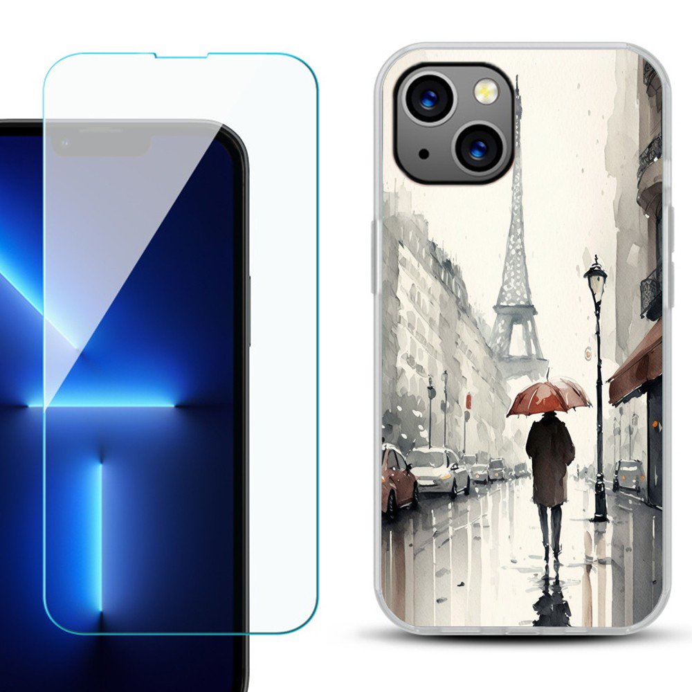 OneToughShield ® for iPhone 15 Plus Shockproof Phone Case with Tempered Glass Screen Protector - Paris in the Rain