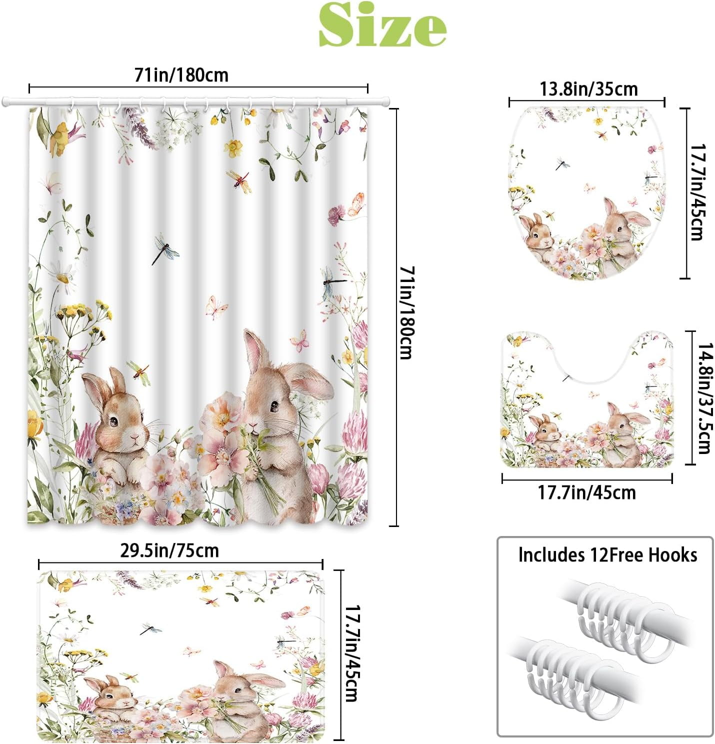 4pcs Easter Shower Curtain Sets with Non-Slip Rugs Toilet Lid Cover and Bath Mat Bunny Easter Bathroom Curtain Decor Set with 12 Hooks Waterproof Shower Curtain Set for Bathroom