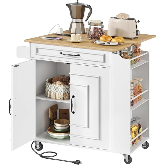 Kitchen Island with Power Outlets & Drop Leaf, Small Rolling Kitchen Cart on Wheels, Kitchen Storage Island with Spice Rack, Mobile Island Table for Kitchen, Dinning, White and Natural
