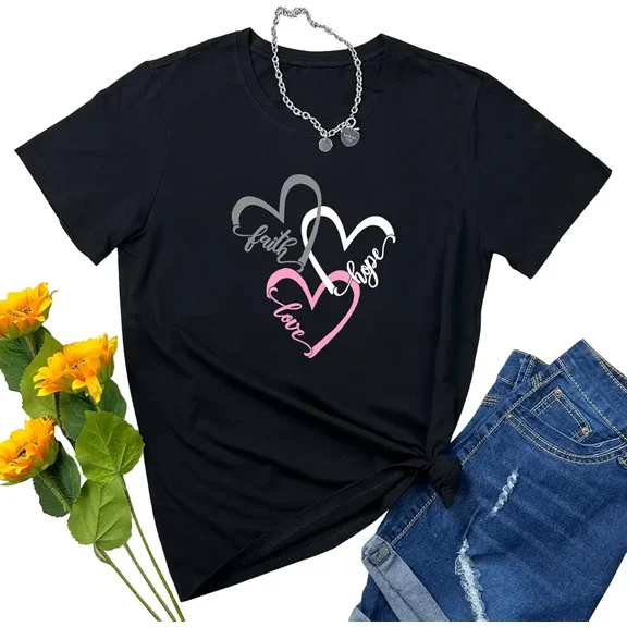 Women's Faith Hope Love Heart Graphic T-Shirt Casual Short Sleeve Crewneck Tee Black