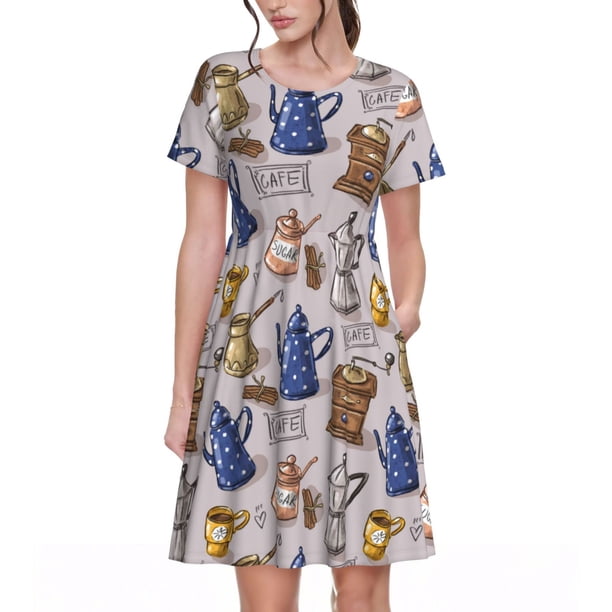 Disketp Antique Vintage Teapot Coffee Grinder para Vestido de Manga Corta para Mujeres, Vestidos de Verano para Mujeres, Casual y Holgado para la Playa