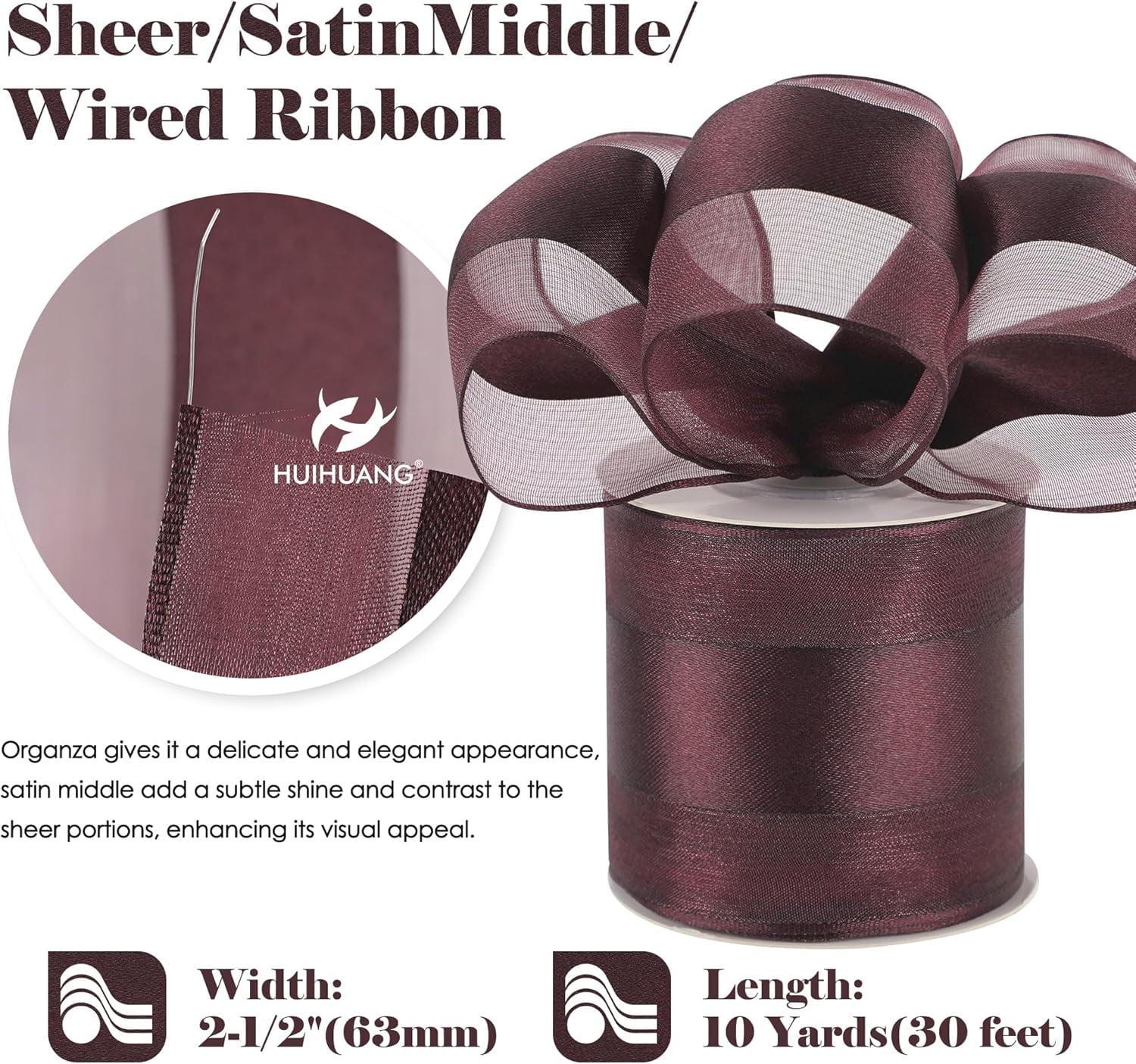 Burgundy Sheer Christmas Ribbon with Satin Stripe 2.5 inch Burgundy Wired Ribbon for Bows Making, Wreaths, Garland, Gift Wrapping, Wedding Bridal Shower Decorations-Continous 10 Yards